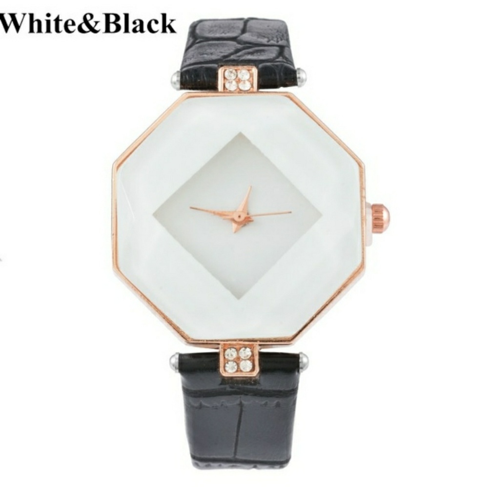 Geometric watch with faux leather band black/white